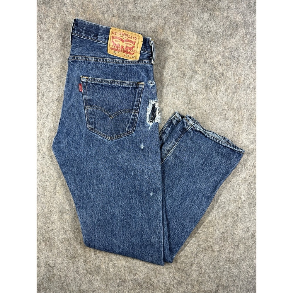 Levi's 501 Original Fit Jeans Mens 34x32 Blue Button Fly Straight Distressed
